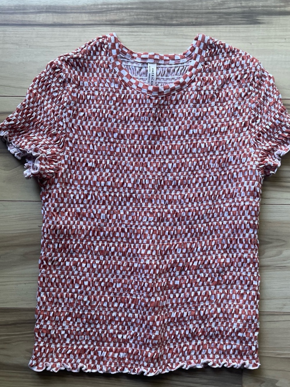 American Eagle Orange & White Smocked Short-Sleeve Top